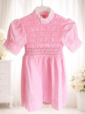 SPECIAL Vintage Heirloom Handsmocked Pink Dress Sz 7 Lace Collar Puff Sleeve 70s